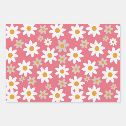 Retro Groovy Daisy Pattern Sinaasappel Roze Groen Inpakpapier Vel (Voorkant)
