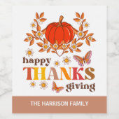 Retro Groovy Daisy Pumpkin Hippie Thanksgiving Wijn Etiket (Enkel label)