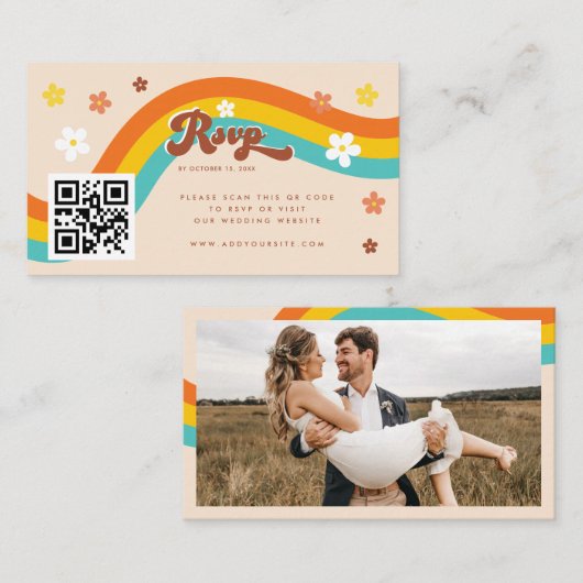 Retro Groovy Daisy Seventies Wedding RSVP Hippie Informatiekaartje (Voorkant / Achterkant)