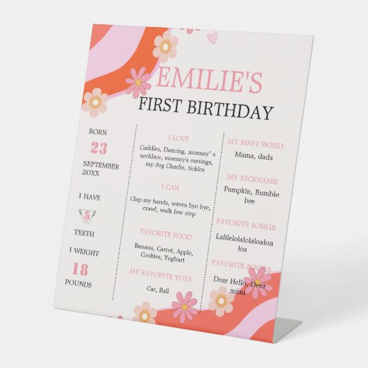 Retro Groovy DaisyBaby 1e Verjaardag Mijlpaal teke Reclamebord Met Voetstuk (Voorkant)