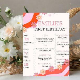 Retro Groovy DaisyBaby 1e Verjaardag Mijlpaal teke Reclamebord Met Voetstuk