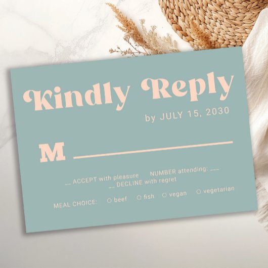 Retro groovy dusty blue bold typography wedding RSVP kaartje