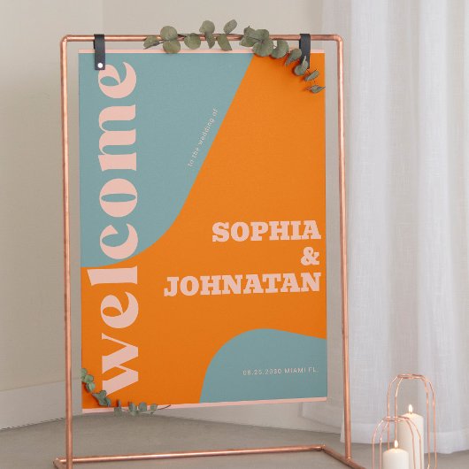 Retro groovy dusty blue typography welcome wedding poster