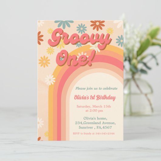Retro groovy één dagbloem Eerste verjaardag Kaart (Staand voorkant)