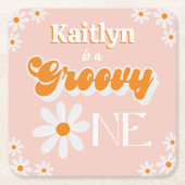 Retro Groovy Een Meisjes 1e Verjaardag Kartonnen Onderzetters (Voorkant)