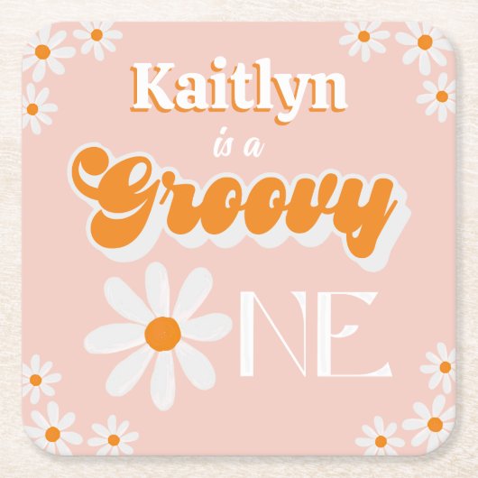 Retro Groovy Een Meisjes 1e Verjaardag Kartonnen Onderzetters (Voorkant)