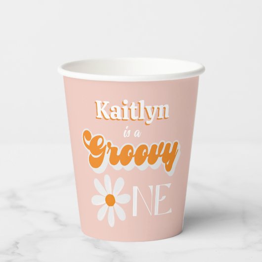 Retro Groovy Een Meisjes 1e Verjaardag Papieren Bekers (Achterkant)