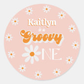 Retro Groovy Een Meisjes 1e Verjaardag Ronde Sticker (Voorkant)