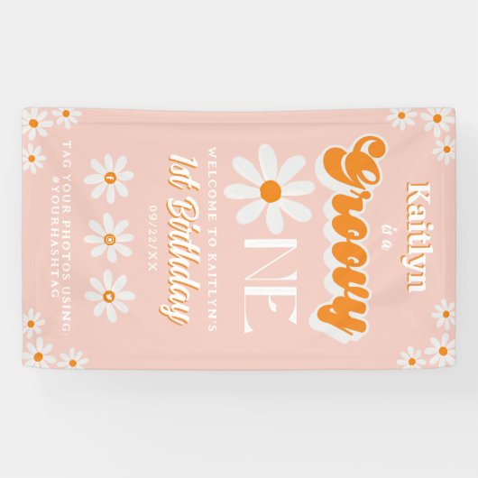 Retro Groovy Een Meisjes 1e Verjaardag Welkom Spandoek (Horizontaal)