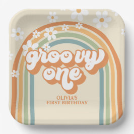 Retro Groovy Eén Regenboog Bruin Oranje Verjaardag Papieren Bordje