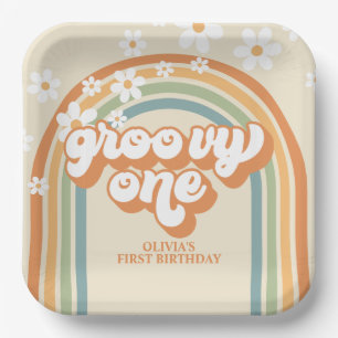 Retro Groovy Eén Regenboog Bruin Oranje Verjaardag Papieren Bordje