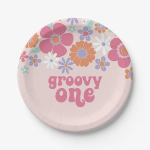 Retro Groovy Eén Roze Bloem Papieren Bordje