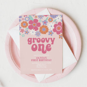 Retro Groovy Eén Roze Bloemige Uitnodiging