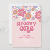 Retro Groovy Eén Roze Bloemige Uitnodiging (Voorkant)