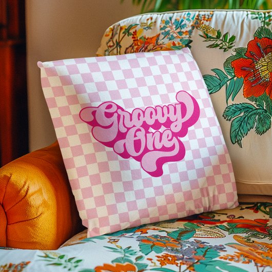 Retro Groovy Eén Roze en Witte Check Kussen