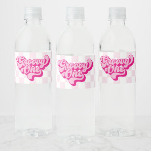 Retro Groovy Eén Roze en Witte Schakeringen Waterfles Etiket