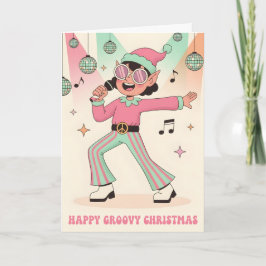Retro Groovy Elf Prettig Kerstfeest Feestdagen Kaart
