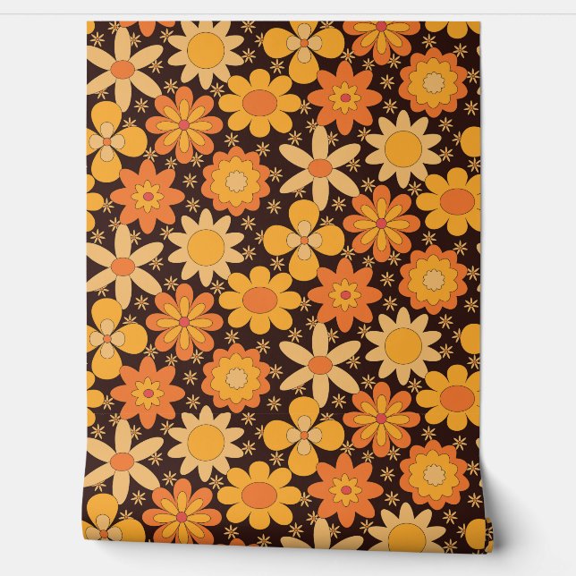 Retro Groovy Floral Patroon Geel en Oranje Behang (Afrollen)