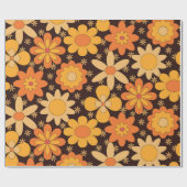 Retro Groovy Floral Patroon Geel en Oranje Cadeaupapier (Vlak)