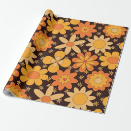 Retro Groovy Floral Patroon Geel en Oranje Cadeaupapier