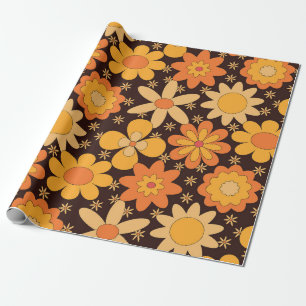 Retro Groovy Floral Patroon Geel en Oranje Cadeaupapier