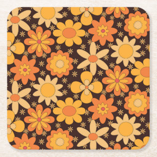 Retro Groovy Floral Patroon Geel en Oranje Kartonnen Onderzetters