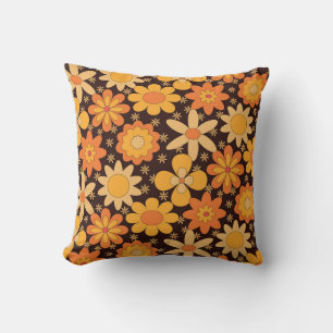 Retro Groovy Floral Patroon Geel en Oranje Kussen