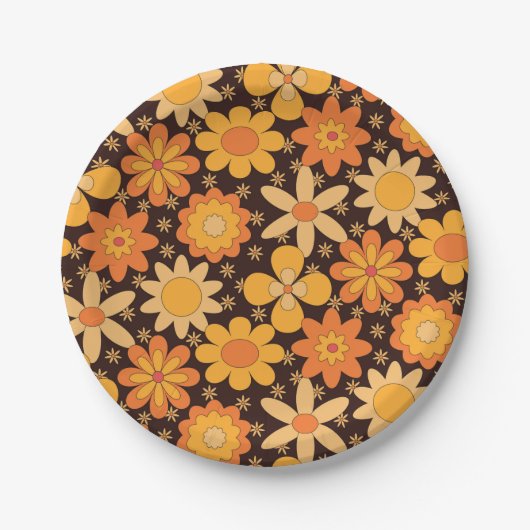 Retro Groovy Floral Patroon Geel en Oranje Papieren Bordje (Voorkant)