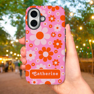 Retro Groovy Floral Sinaasappel Roze Gepersonalise iPhone 16 Hoesje