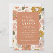 Retro Groovy Flower Pattern FotoMonogram Weddensch Kaart (Voorkant)