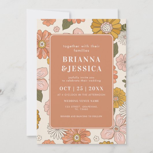 Retro Groovy Flower Pattern FotoMonogram Weddensch Kaart (Voorkant)