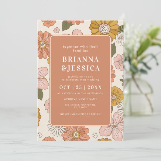 Retro Groovy Flower Pattern FotoMonogram Weddensch Kaart (Staand voorkant)