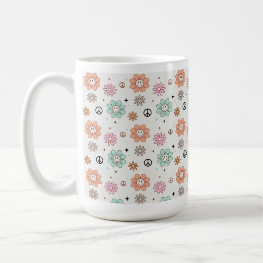Retro Groovy Flowers & Peace Signs Koffie Mok (Links)
