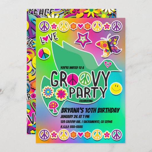 Retro Groovy FUN 60's 60's Love Birthday Party Kaart (Voorkant / Achterkant)