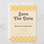 Retro Groovy geel Sinaasappel geruit Save The Date (Voorkant)