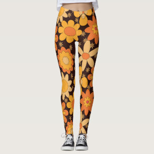 Retro Groovy Gele en Oranje Bloemen Leggings