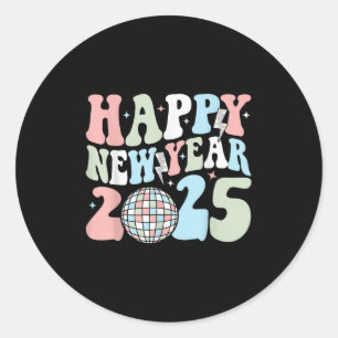 Retro Groovy Gelukkig Nieuwjaar 2025 Schattig Oud Ronde Sticker
