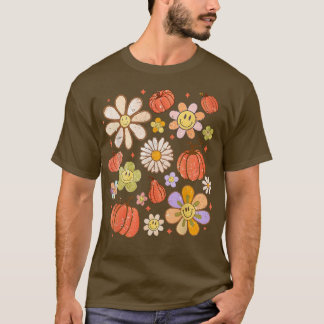 Retro Groovy Gelukkige Herfst Pompoenen Bloemen Ge T-shirt