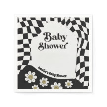 Retro Groovy Geruite Baby Shower in Zwart en Wit