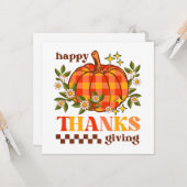 Retro Groovy geruite pompoen Daisy Thanksgiving Kaart (Voorkant / Achterkant in situ)