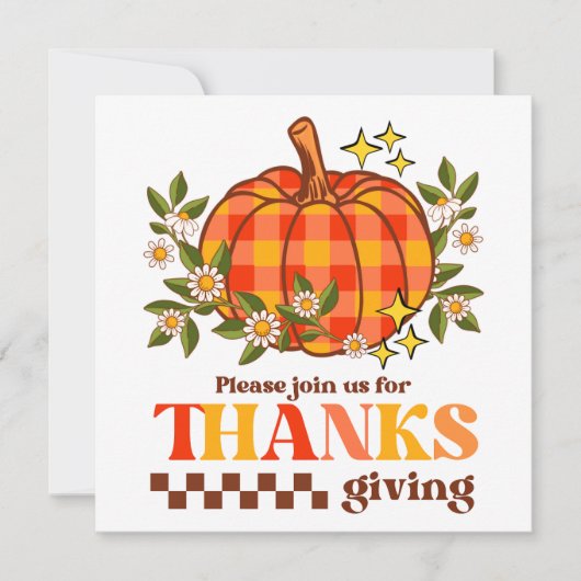 Retro Groovy geruite pompoen Daisy Thanksgiving Kaart (Voorkant)
