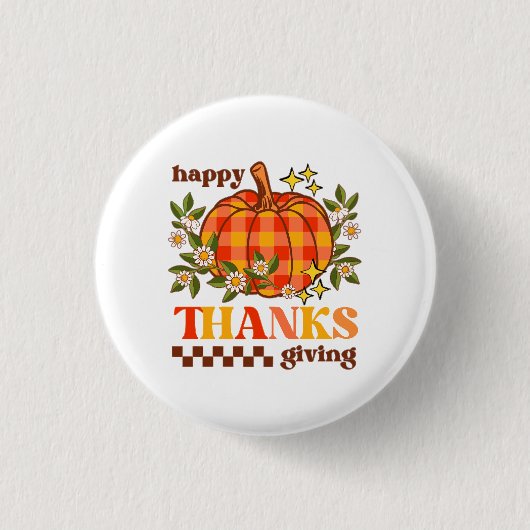 Retro Groovy geruite pompoen Daisy Thanksgiving Ronde Button 3,2 Cm (Voorkant)
