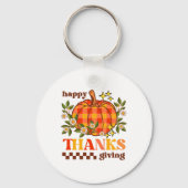 Retro Groovy geruite pompoen Daisy Thanksgiving Sleutelhanger (Voorkant)