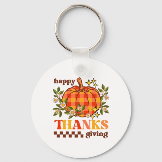 Retro Groovy geruite pompoen Daisy Thanksgiving Sleutelhanger (Voorkant)