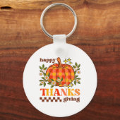 Retro Groovy geruite pompoen Daisy Thanksgiving Sleutelhanger (Voorkant)