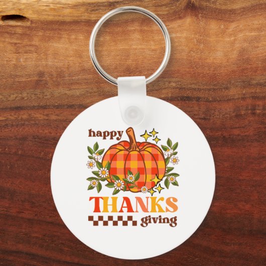 Retro Groovy geruite pompoen Daisy Thanksgiving Sleutelhanger (Voorkant)