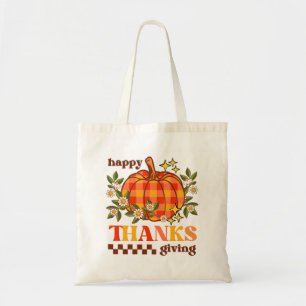 Retro Groovy geruite pompoen Daisy Thanksgiving Tote Bag