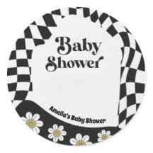 Retro Groovy Geruite Zwart Witte Baby Shower