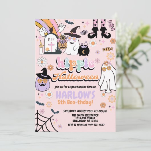 Retro Groovy Ghost Hippie Halloween Verjaardag Kaart (Staand voorkant)