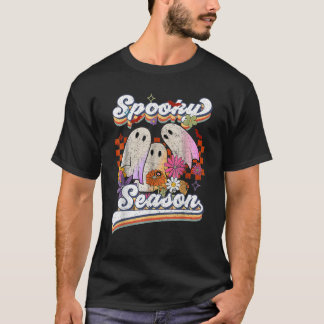 Retro Groovy Ghost Spooky Season Floral Pumpkin Ha T-shirt